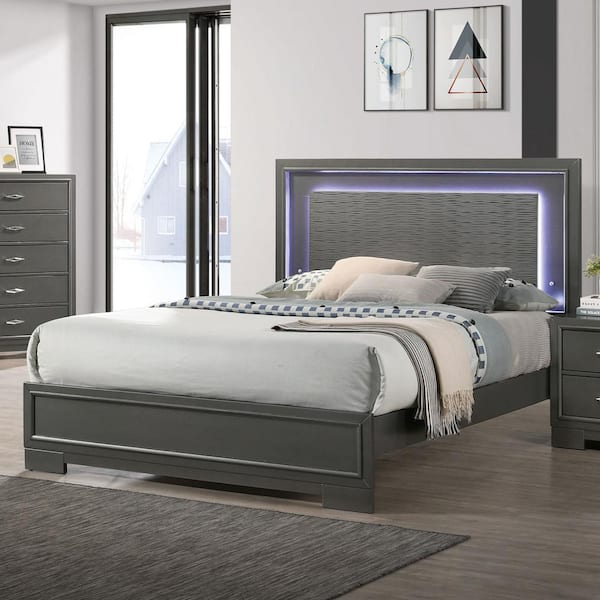 Furniture of America Jonvang Gray Wood Frame Queen Platform Bed with LED headboard and Care Kit
