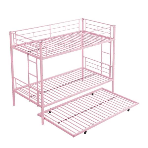 Pink Metal Frame Twin Size Upholstered Platform Bed with Trundle
