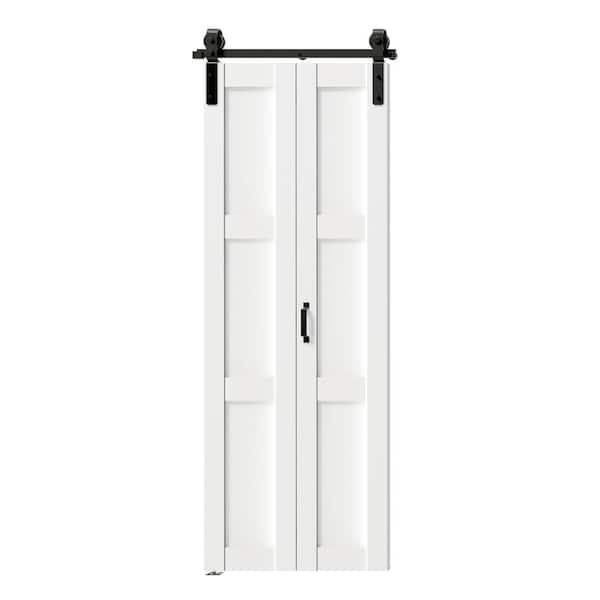 30 in. x 84 in. White, 3 Panel Finished, Paneled MDF, Bi-Fold Style Sliding Barn Door with Hardware Kit