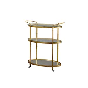 Outdoor Patio Metal Bar Serving Cart with 2-Tier Tempered Glass Top and Mirror Shelves Bottom with Wheels in Gold