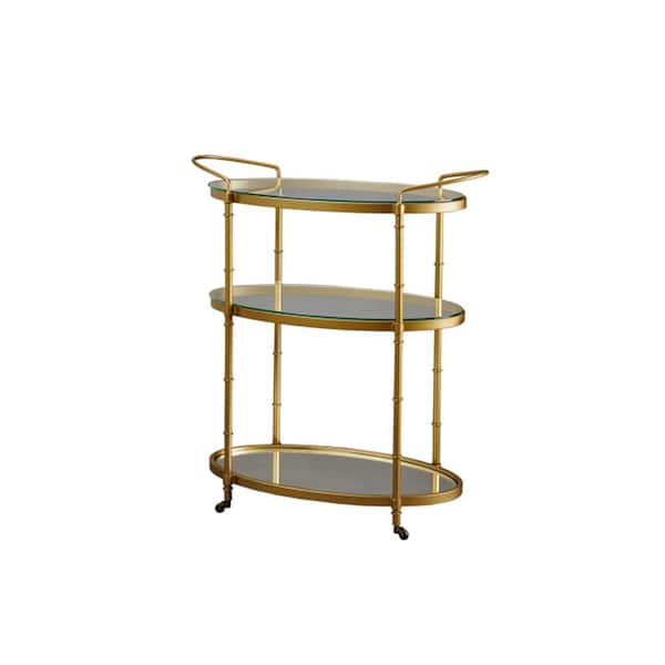 ITOPFOX Outdoor Patio Metal Bar Serving Cart with 2-Tier Tempered Glass Top and Mirror Shelves Bottom with Wheels in Gold