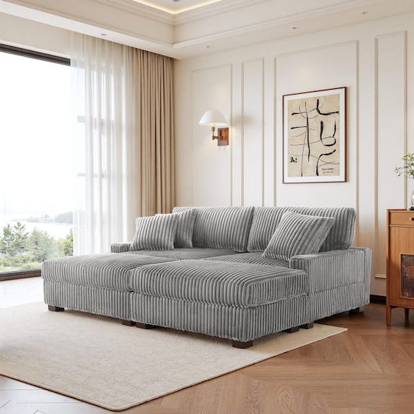 83.44 in. W Modern Square Arm 4-Piece Faux Rabbit Fur Fabric Rectangle Modular Sectional Sofa in Light Gray