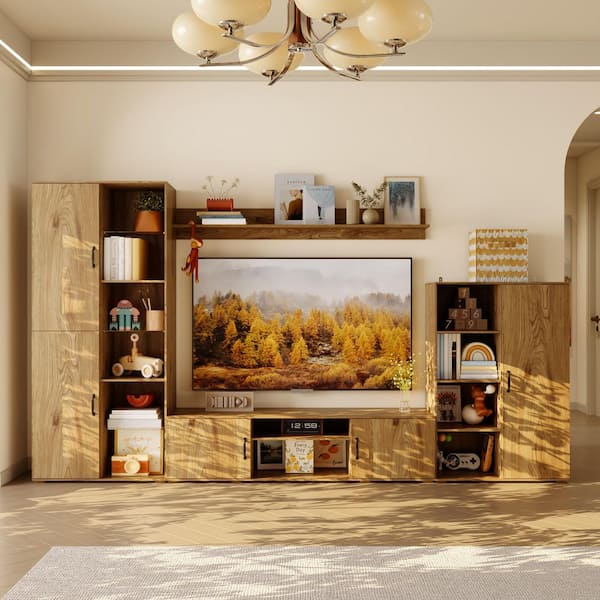 Yellow Wood Grain TV Stand Entertainment Center Fits TV's up to 60 in. W with 22 Shelves & 5 Doors