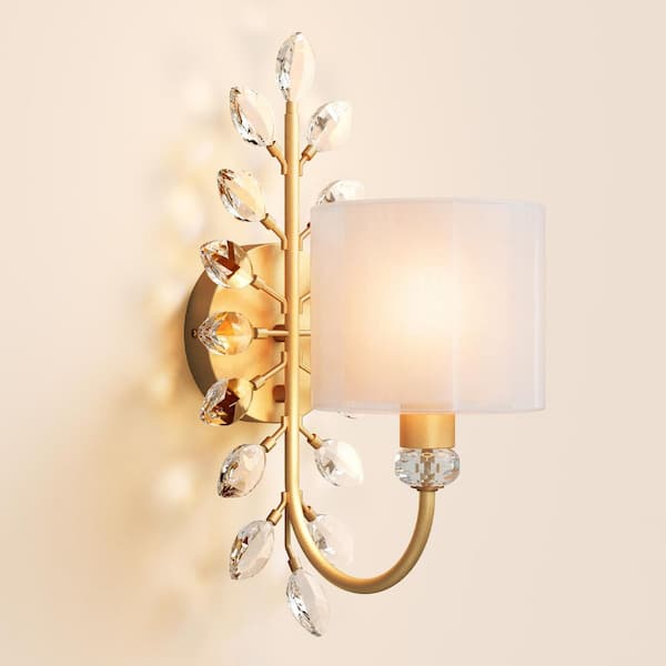 6 in. 1 Light Gold Indoor Wall Sconce with Dual-Layer Fabric Shade and Crystal Flower Branch for Bedroom, Hallway