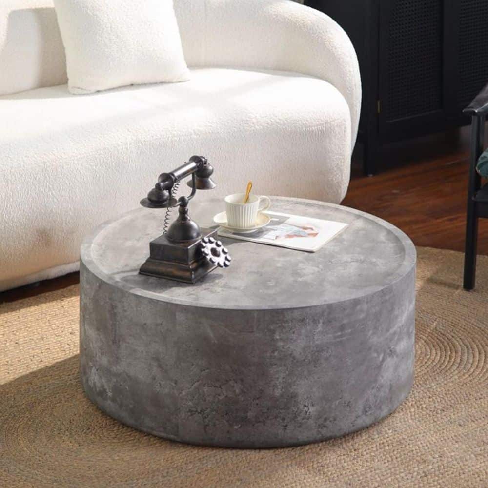 Altaf 39.37 in. Stone Gray Round Wood Coffee Table with Faux Concrete Finish