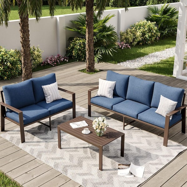 3-Piece Metal Patio Conversation Set with Blue Cushions