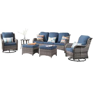 Moonlight Gray 6-Piece Wicker Patio Conversation Seating Sofa Set with Denim Blue Cushions and Swivel Rocking Chairs