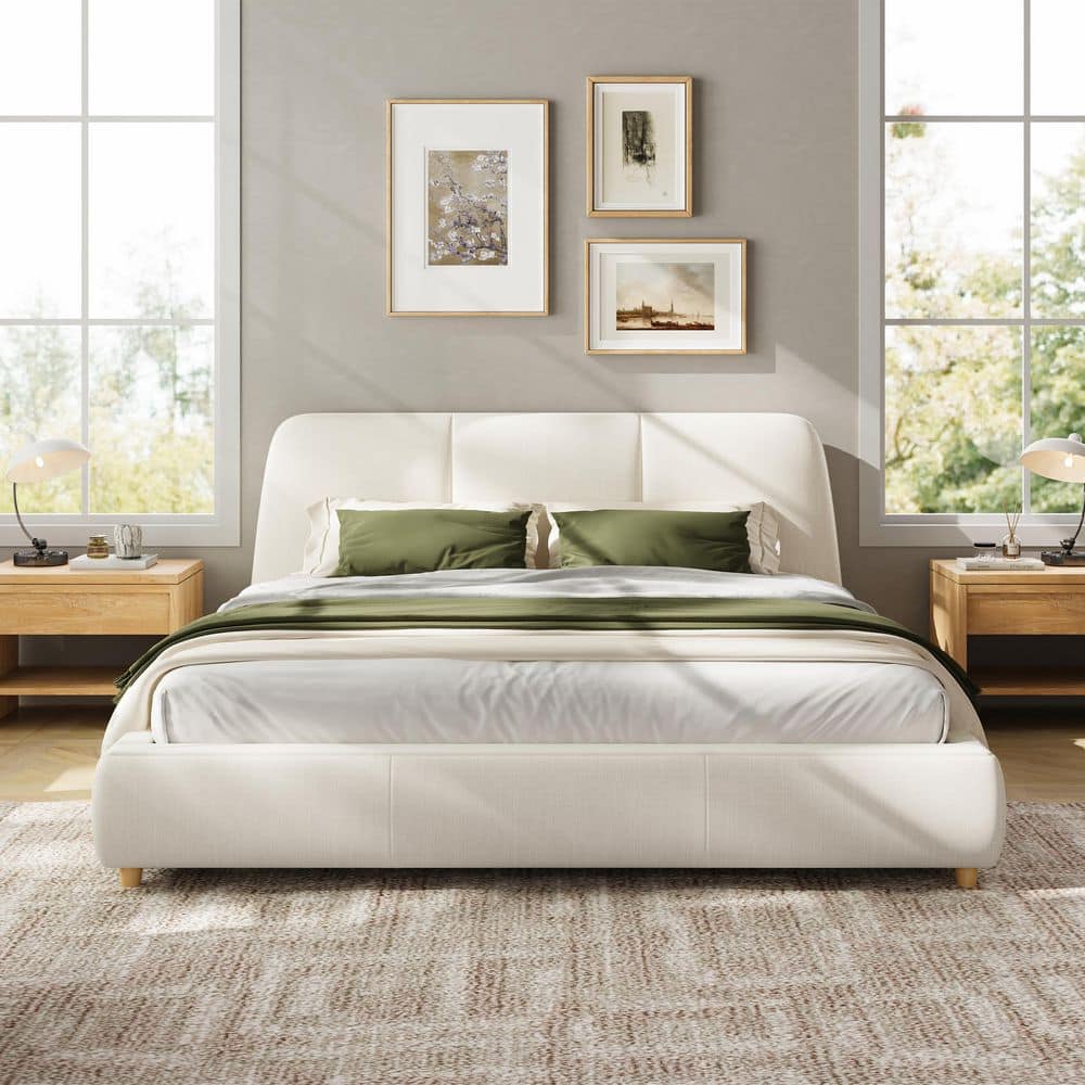 Luxe Modern White Linen Blend Upholstered Wood Frame King Size Platform Bed with Tufted Headboard - thumbnail 6