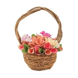 10 in. Artificial Floral Arrangements Spring Pink Assorted Flowers Basket-Color- Pink Multi