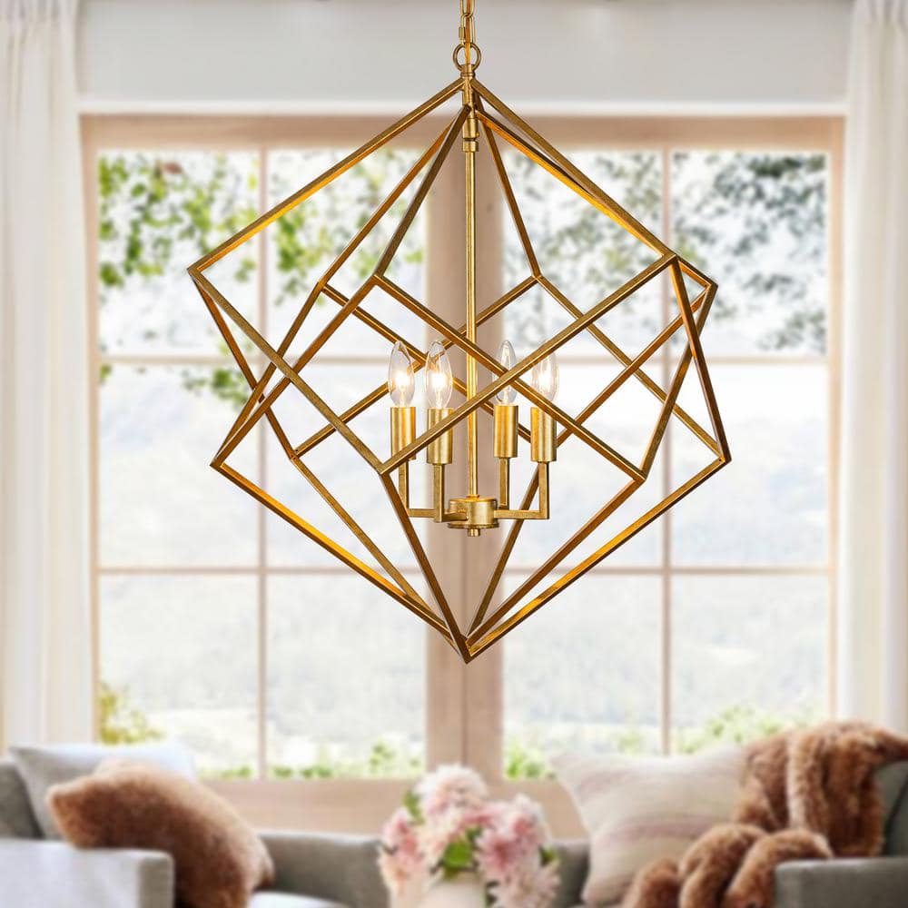 ALOA DECOR 25 in. 4-Light Modern Geometric Chandelier Metal Caged Ceiling  Hanging Pendant in Antique Gold H7204D63AGL03A - The Home Depot