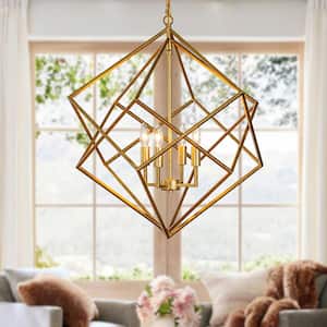 25 in. 4-Light Modern Geometric Chandelier Metal Caged Ceiling Hanging Pendant in Antique Gold