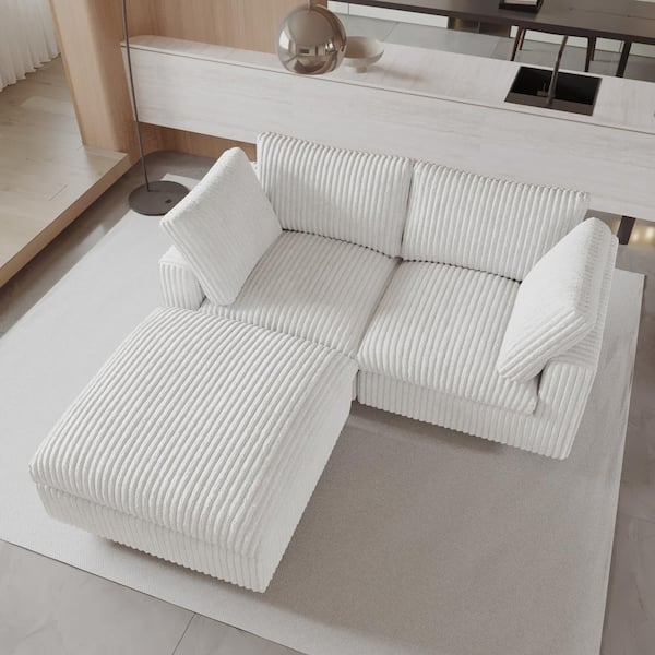 J&E Home 78.7 in. W Square Arm Faux Rabbit Plush Fabric L Shaped Sofa in. Beige with Ottoman