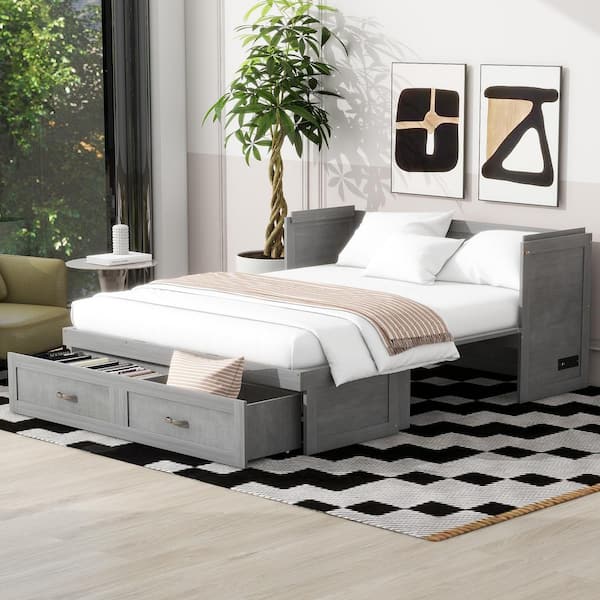 Qualler Antique Gray Wood Frame Queen Size Murphy Bed with USB Ports and Drawers