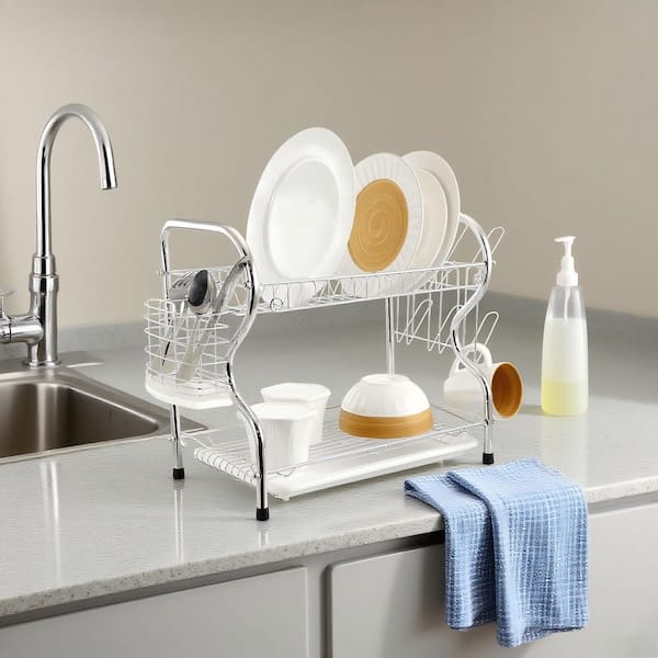 2-Tier Silver Steel Standing Dish Rack with Plastic Draining Tray, Mug Stand, and Cutlery Holder