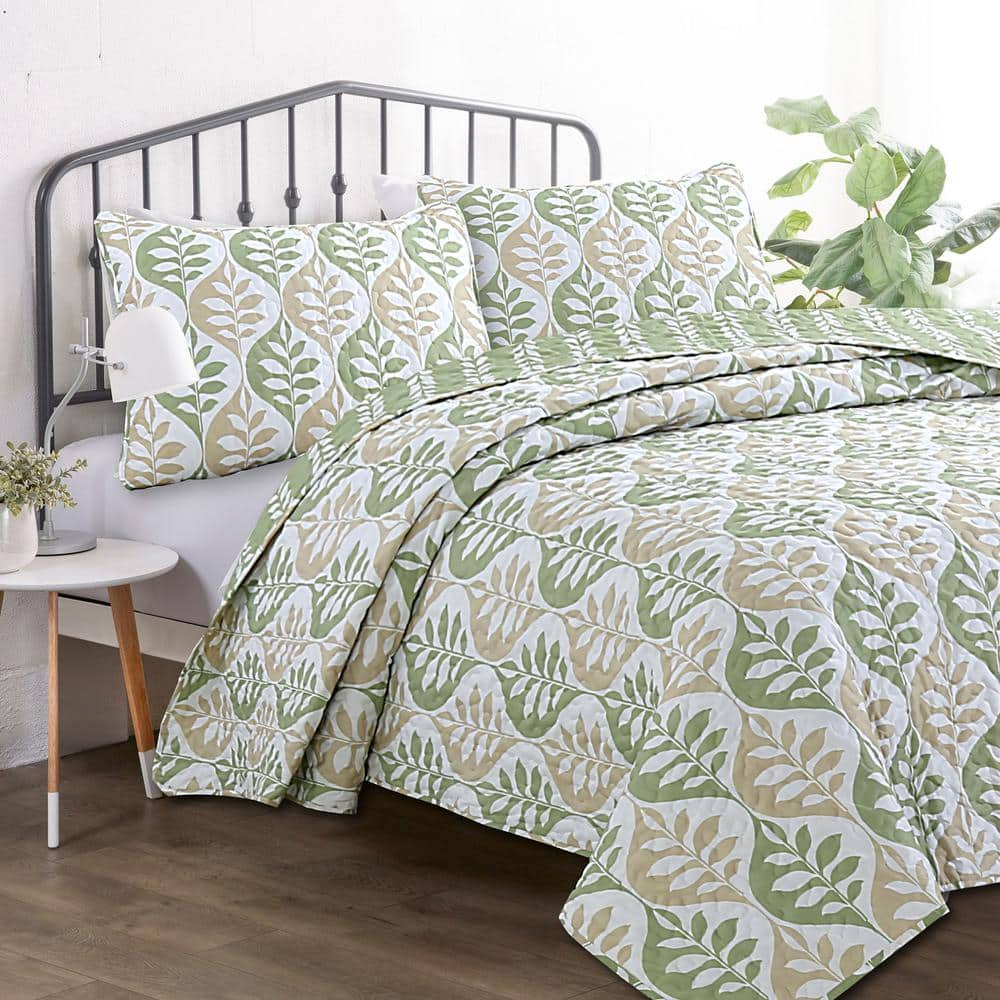 Cozy Line Home Fashions Ogee Stripe Leaf Green Beige 3-Piece