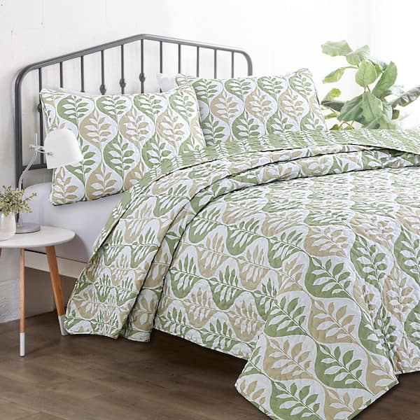 Cozy Line Home Fashions Ogee Stripe Leaf Green Beige 3-Piece Polyester King Quilt Bedding Set