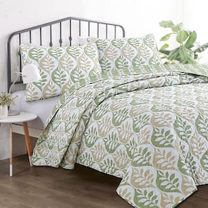 Ogee Stripe Leaf Green Beige 3-Piece Polyester Queen Quilt Bedding Set