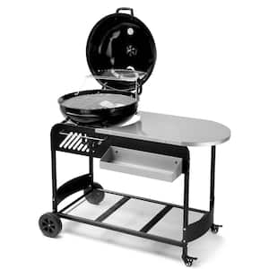 Kettle Portable Table Cart Charcoal Grill With Shelves in Black