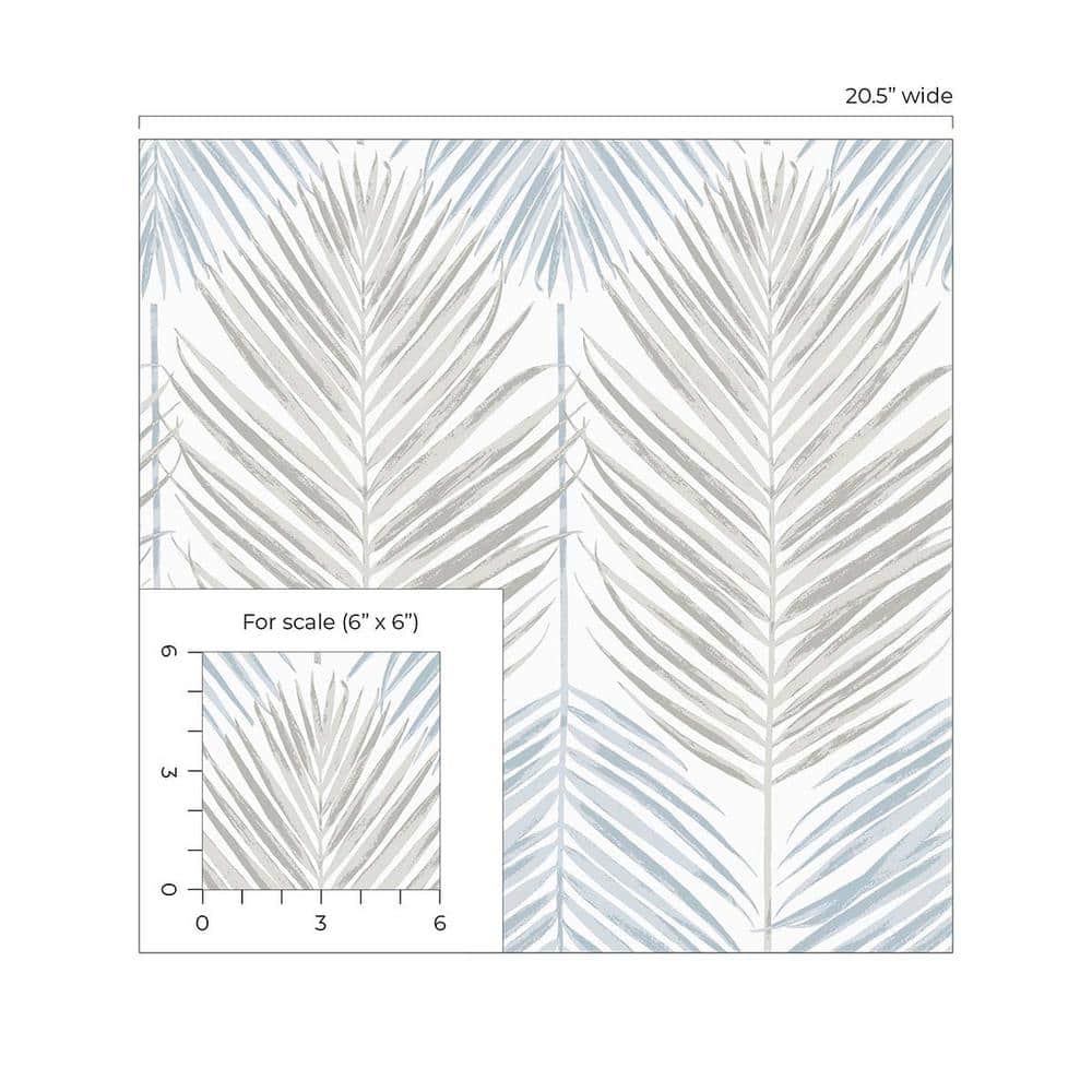 Blue Mist and Daydream Grey Palm Vinyl Peel and Stick Wallpaper Roll