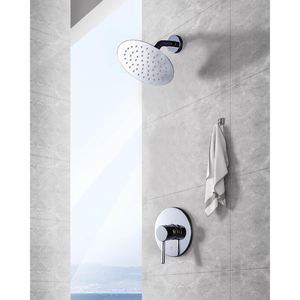 Round 1-Spray Patterns with 1.8 GPM 8 in. Wall Mount Rain Fixed Shower Head with Brass Valve Included Polished Chrome