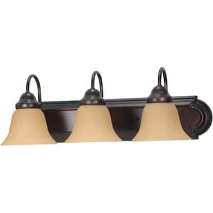 3-Light Mahogany Bronze Vanity Light with Champagne Linen Washed Glass