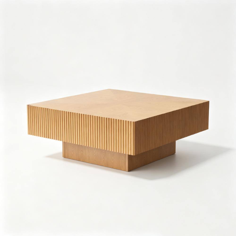 31.5 in. Square Natural Wood Vertical Fluted Coffee Table with 2 Drawers for Living Room