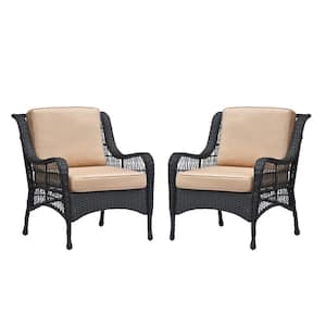 2-Piece Black Metal Outdoor Garden Chair Rattan Lounge Chair with Khaki Cushion for Garden, Backyard and Balcony