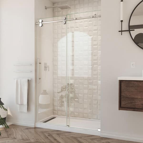 Enigma-XO 44-48 in. W x 76 in. H Fully Frameless Sliding Shower Door in Brushed Stainless Steel