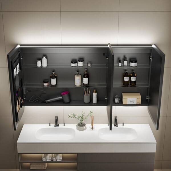 WELLFOR V11 24-in x 36-in Lighted LED Fog Free Surface/Recessed Mount Silver Mirrored Soft Close Medicine Cabinet with Outlet
