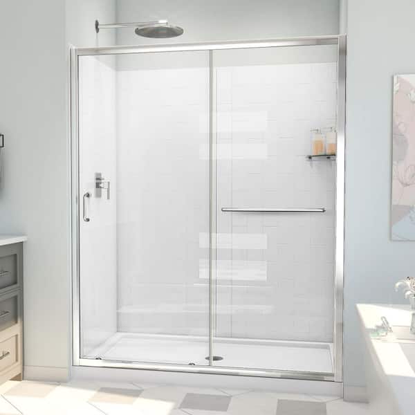 DreamLine 32 in. D x 60 in. W x 78-3/4 in. H Sliding Semi-Frameless Shower Door Base and White Wall Kit in Chrome and Clear Glass