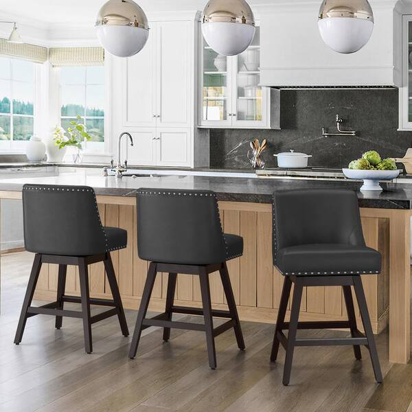 26 in. Black Wood 360 Free Swivel Upholstered Counter Bar Stool with Back, Performance Faux Leather Bar Stool(Set of 3)
