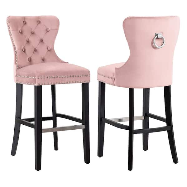 WESTINFURNITURE Harper 29 in. Pink Velvet Tufted Wingback Kitchen Counter Bar Stool with Black Solid Wood Frame (Set of 2)