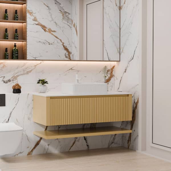 Loiry 48 in. Modern Floating Corolla Oak Woodgrain Bath Vanity with White Sintered Stone Top Pre-assembled