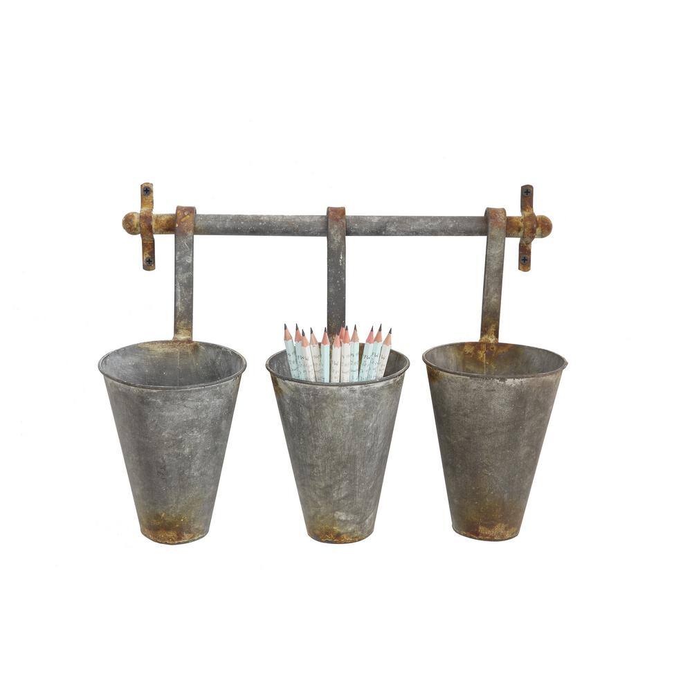 Rustic Silver Tin Wall Rack with 3 Tapered Planters