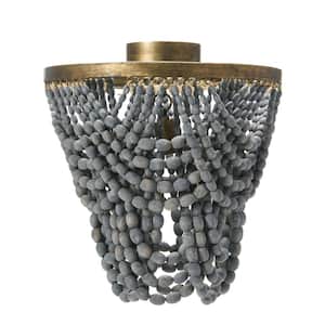 1-Light Gold Semi-Flush Mount Chandelier with Grey Wood Bead Shade