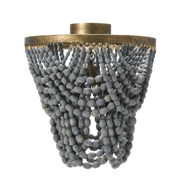 Storied Home 1-Light Gold Semi-Flush Mount Chandelier with Grey Wood Bead Shade