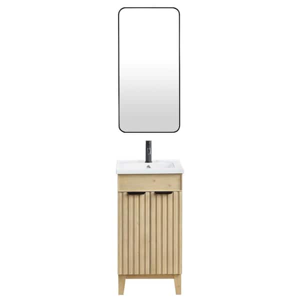 ROSWELL Palos 18.1 in. W x 18.1 in. D x 34.8 in. H Single Sink Bath Vanity in Natural Brown White Ceramic Basin Top and Mirror