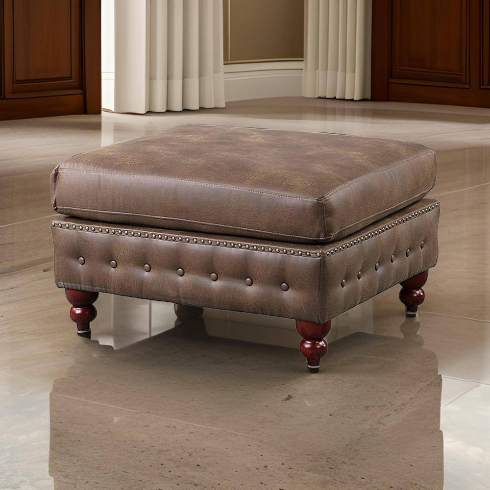 Simi 34 Inch Brown Faux Leather Tufted Ottoman with Nailhead Trim