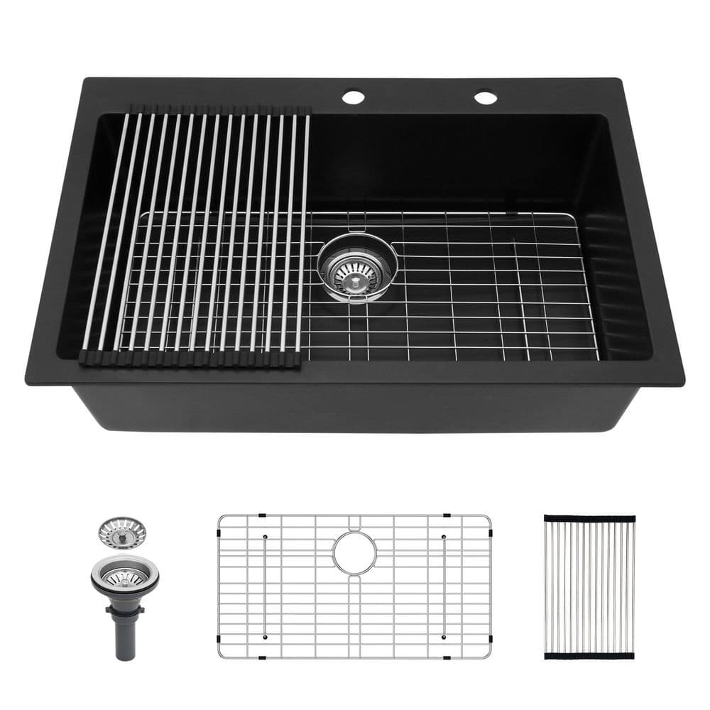 33 in. Drop-In Single-Bowl Quartz Granite Composite Kitchen Sink in Black with Bottom Grids price history on PriceWatchPro