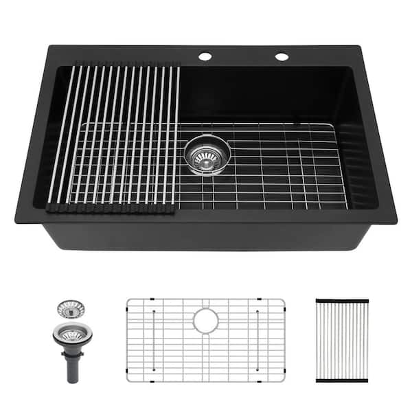 33 in. Drop-In Single-Bowl Quartz Granite Composite Kitchen Sink in Black with Bottom Grids