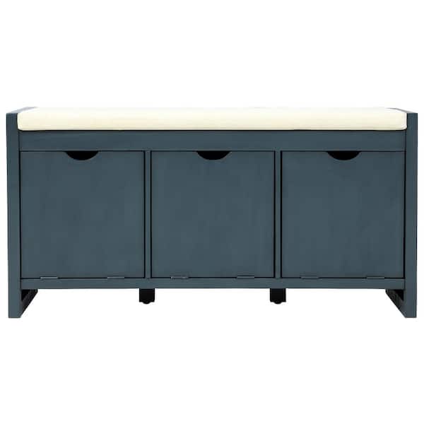 URTR Antique Navy Storage Bench Entryway Bench with Removal Cushion and 3 Flip Lock Storage Cubbies (39"L x 14"W x 19.8"H)