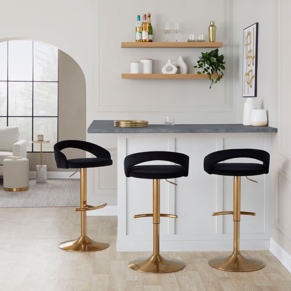 Grotto Upholstered 39.5 in. Black Velvet and Gold Metal Adjustable Bar Stool with Rounded T Footrest price history on PriceWatchPro