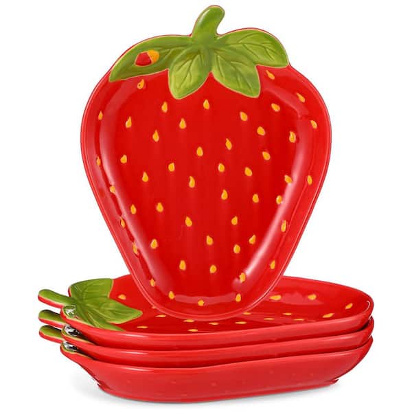 4-Piece Ceramic Strawberry Shaped 9 in. Serving Plates Fruit Salad Dishes Microwave and Dishwasher Safe