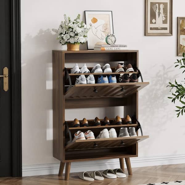 23.6-In Walnut MDF Upright Shoe Cabinet,Shoe Storage Unit with