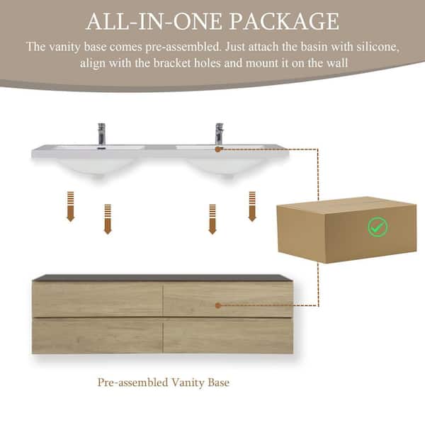 72 in. W x 20 in. D x 22 in. H Double Sink Floating Bath Vanity in Natural Oak with Glossy White Resin Top