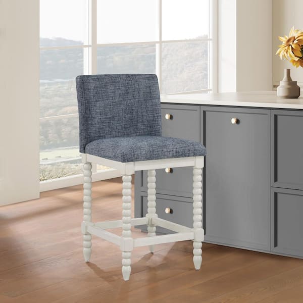 OSP Home Furnishings Kaylee 26 in. Indigo Fabric Spindle Counter Stool and Antique White Frame