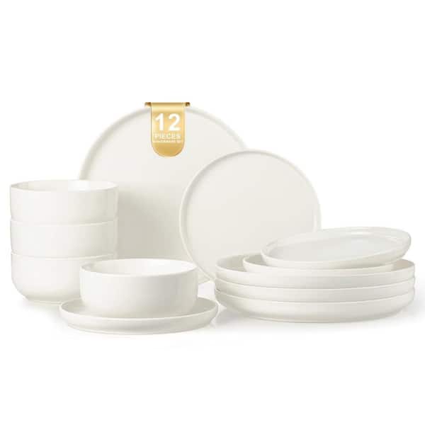 12-Piece Ceramic Dinnerware, Plates and Bowls Stoneware Dishes Set, Scratch Resistant, White (Service for 4)