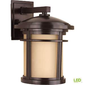 Wish LED Collection 1-Light Antique Bronze Etched Umber Linen Glass Craftsman Outdoor Medium Wall Lantern Light