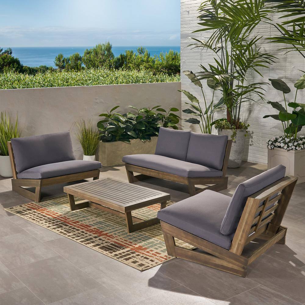 Noble House Sherwood Grey 4-Piece Wood Patio Conversation Set with Dark Grey Cushions - 1