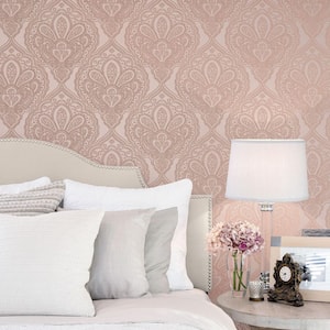 Emporium Collection Pink and Rose Gold Mehndi Damask Embossed Metallic Finish Paper Non-Pasted Non-Woven Wallpaper Roll